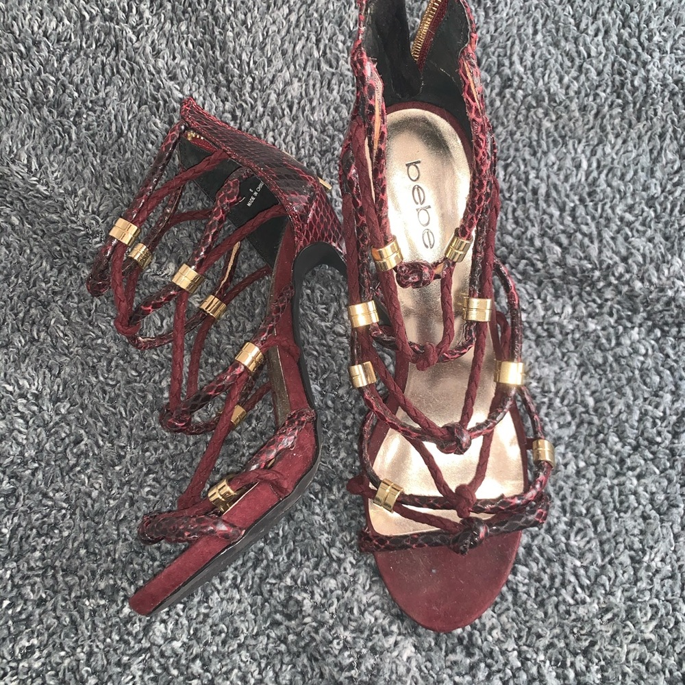 Snake print burgundy and black BEBE heels